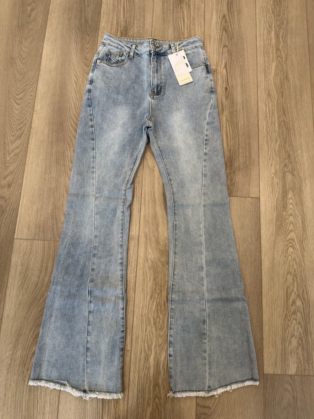 Commense Y2K Style Stretch Boho Flare Raw Hem Blue Jeans NWT Small